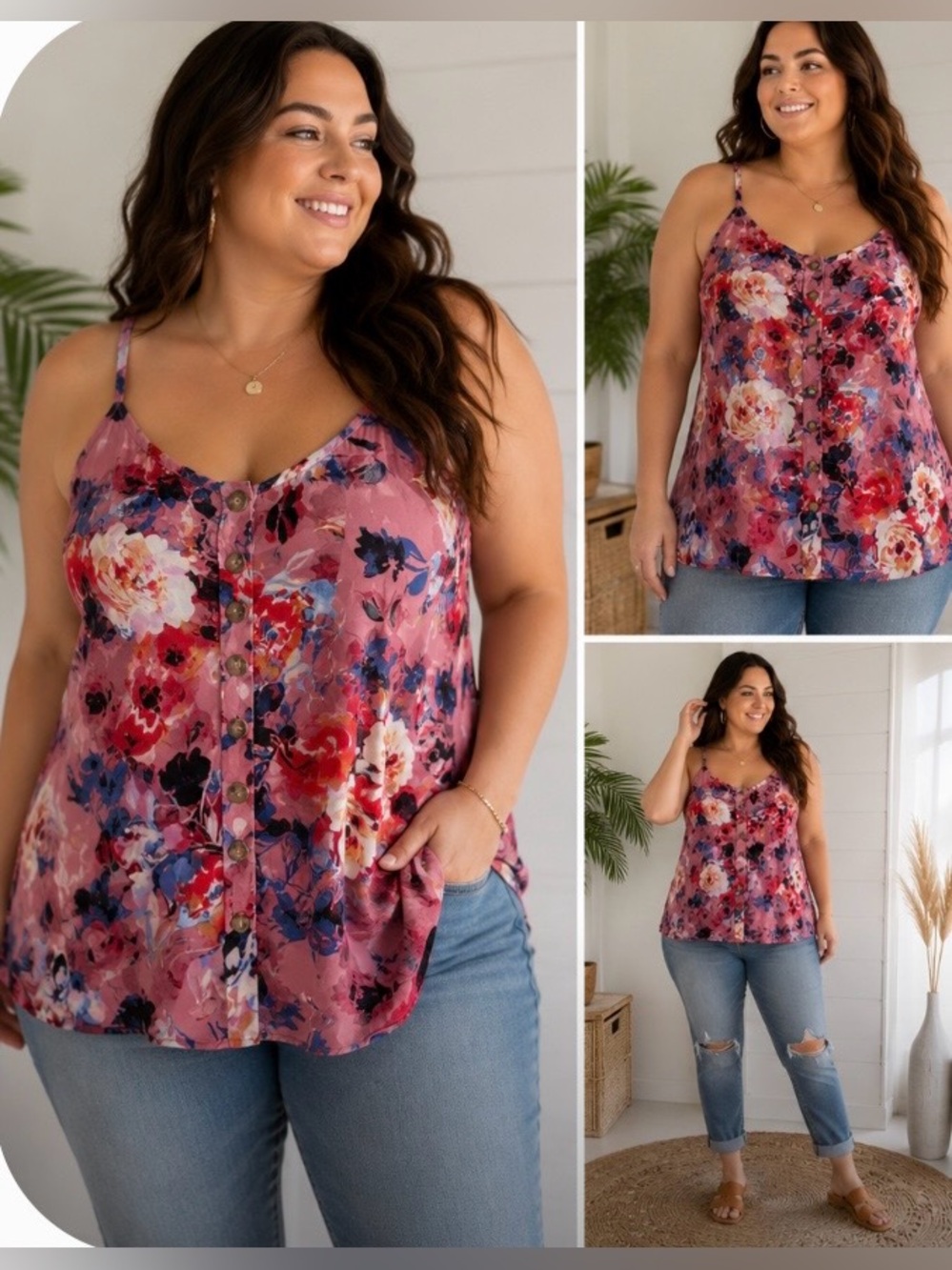Torrid Size 0 / 0X Pink Floral Button Front Swing Cami Tank Top Plus Size Boho